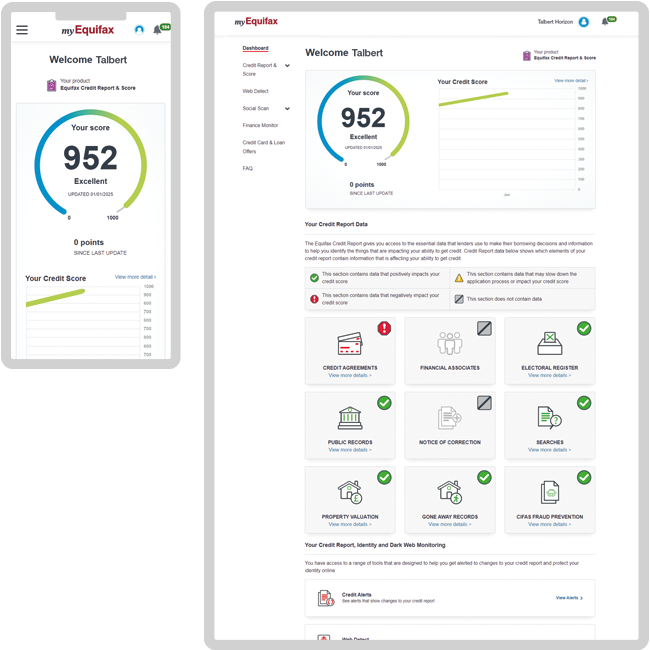 My Equifax - Member Centre - Dashboard display